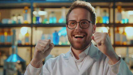 Wall Mural - White male chemist, copy space, happily fist pumping