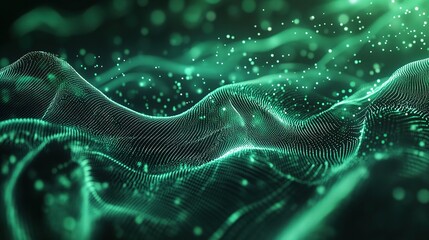 Wall Mural - Emerald Data Stream: Abstract waves of green particles flow through a dark digital landscape, evoking the ethereal beauty of data in motion. 