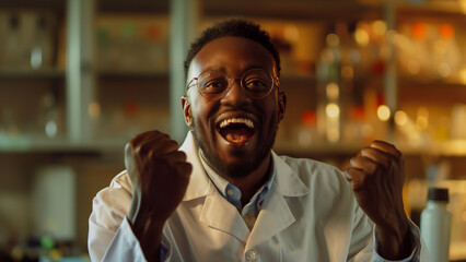 Wall Mural - Black male chemist, copy space, happily fist pumping