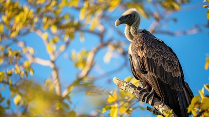 The vulture sits high on a tree looking out for possible meals
