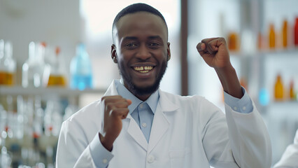 Wall Mural - Black male chemist, copy space, happily fist pumping