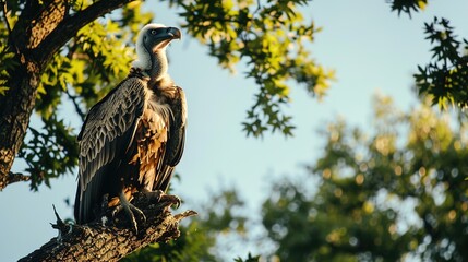 The vulture sits high on a tree looking out for possible meals