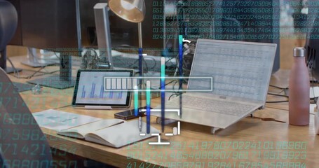 Poster - Digital data processing animation over office desk with laptops and charts
