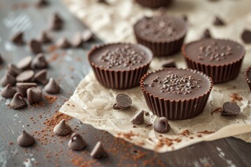 Peanut butter cups.Peanut butter.Dark chocolate.Traditional American candy.Peanut butter cups on a sheet of baking paper, with scattered chocolate chips and a warm, homey atmosphere