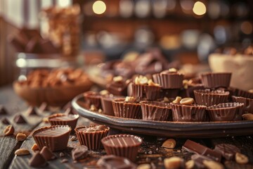 A large plate filled with various peanut butter cups, small pieces of broken chocolate and drips of peanut butter.Traditional American candy.Peanut butter cups.Peanut butter.Dark chocolate.