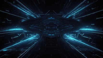 Poster - A glowing blue structure in a dark, futuristic space, resembling a spaceship or space station interior.