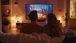 © Nathaphat - Cozy At-Home Movie Night: Couple streaming classic film on big-screen TV with popcorn and blankets for intimate watching experience
