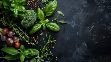 top view herbs, vegetables, with plain black background, with empty copy space, minimalist, traditional, dining room, natural light, professional food photography, generativ ai