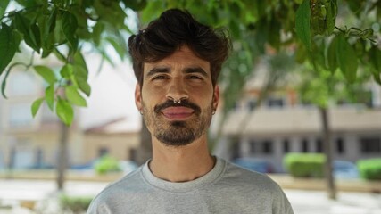 Poster - Handsome man with beard smiling outdoors in urban park with green leaves and trees visible in the background