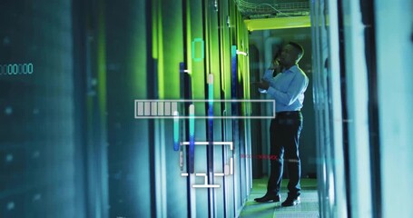 Poster - Man talking on phone in server room, data processing animation over servers