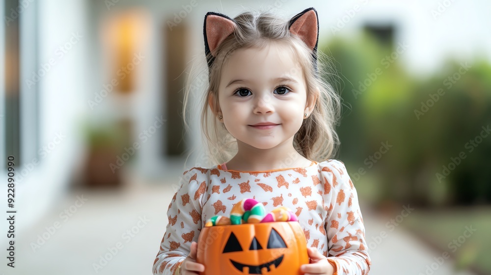 Little girl in a cat costume, holding a pumpkin-shaped candy bucket ...