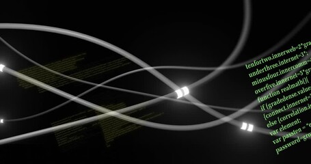 Poster - Green programming code animation over abstract white lines on black background