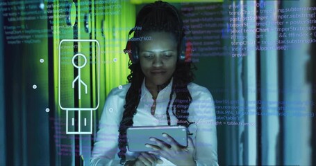 Poster - Wearing headphones and using tablet, woman with code and tech animation over