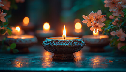 Canvas Print - Burning candle flame decoration, glowing flower night romance generated by AI