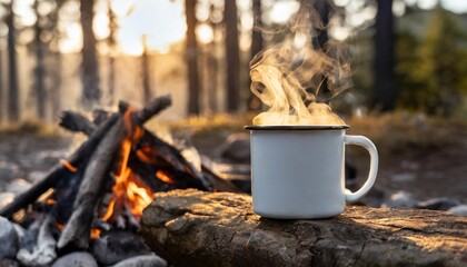 white enamel mug mockup with bonfire and forest behind, outdoor adventure scene. empty mug mock up f