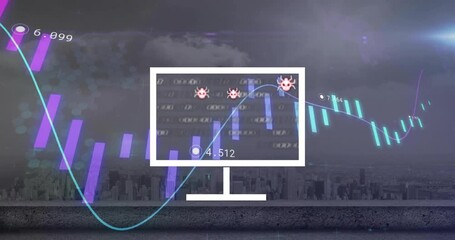 Poster - computer virus icons animation over financial data and cityscape background