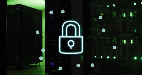 Poster - Lock icon with circuit lines animation over server room background