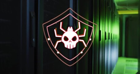 Poster - Cybersecurity threat animation with skull and spider icon over server racks