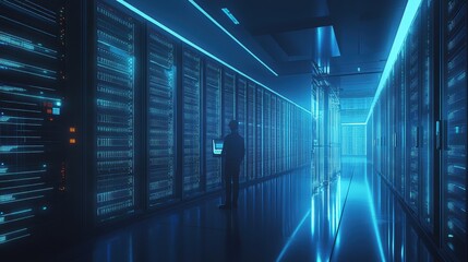 Server Room with Data Center Technician and Blue Lights for Cyber Security and Technology Concept.