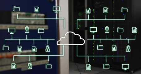 Sticker - Cloud computing network animating over server room background