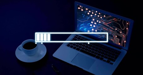 Poster - Loading bar animation over laptop with circuit board display and coffee cup