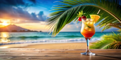 Exotic cocktail on a blurred beach backdrop, tropical, drink, refreshing, summer, vacation, relaxation, paradise, alcohol