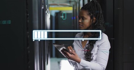 Poster - Progress bar animation over woman using tablet in server room