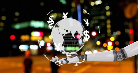 Sticker - Robot hand holding globe with currency symbols animation over city lights background