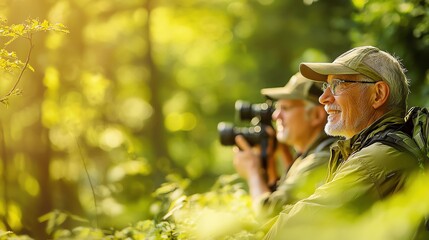 Two photographers enjoying nature, capturing stunning images in a vibrant forest during golden hour light. senior adventure travel concept.