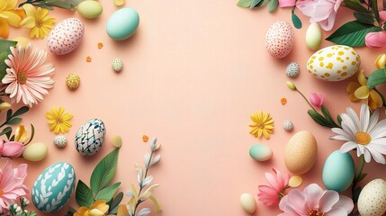 Poster - Easter background with cheerful spring motifs and bright colors, copy space, High quality, + --ar 16:9 --v 6.1 Job ID: 2b74a88a-3696-473a-b85a-5883c99c3e5e