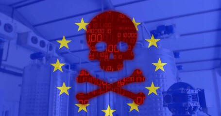 Poster - Red skull and crossbones with binary code over EU stars and industrial background