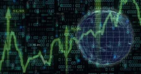 Sticker - Financial data and binary coding animation over globe with stock market trends