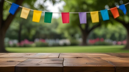 Wooden tabletop with colorful hanging flags and blurred green garden background Generative AI