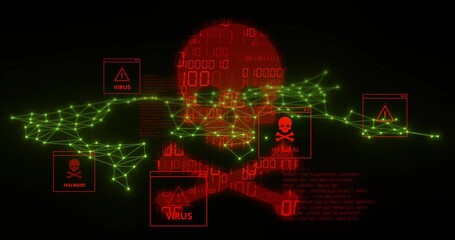Poster - Virus alerts and malware warnings animation with skull and crossbones over binary code