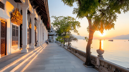 Wall Mural - Peaceful Sunset View from a Temple Terrace - Perfect for Travel and Meditation Photography