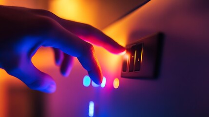 A close-up shot of a person's hand using a digital light dimmer panel to set the mood lighting in a smart home, with soft lighting in the background