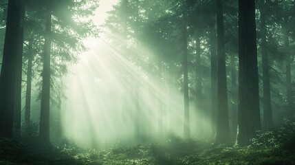 emerald dawn: sunbeams pierce through the misty canopy of a primeval forest, bathing the lush underg