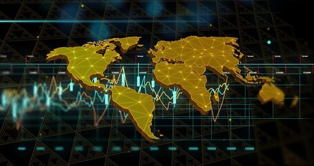 Sticker - World map with financial data processing animation over grid and graphs