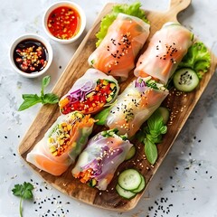 Wall Mural - Plate of tasty Spring rolls with on white background.