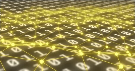 Poster - Binary code and network connections animation over yellow glowing nodes