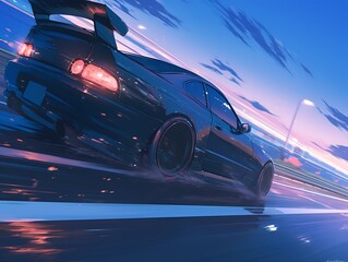 Wall Mural - A modern car on a night highway, captured from a low angle