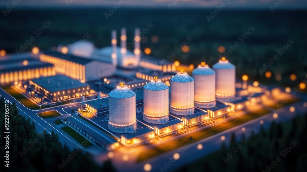 Biomass energy plant at night, with lights illuminating the facility ...