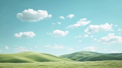 Poster - Serene Meadow under a Blue Sky: A tranquil landscape unfolds, showcasing rolling green hills beneath a vast expanse of azure sky dotted with fluffy white clouds