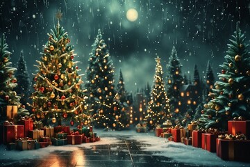 Wall Mural - Christmas Night with Snowy Trees and Gifts