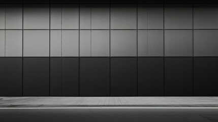 Wall Mural - Minimalist urban scene of a concrete sidewalk in front of a modern building wall with geometric panels.