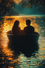 Poster - Romantic boat ride at sunset, couple gazing into each other's eyes, calm and serene lake, soft golden light, intimate and peaceful atmosphere, deep connection, 3D abstract elements for added depth