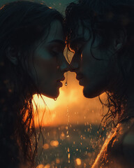 Poster - A couple kissing in the rain with the sun setting in the background