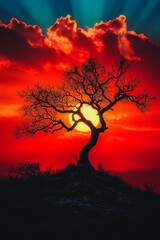 Wall Mural - Silhouette of a dead tree in a barren desert, deep orange and red hues at sunset, twisted branches, desolate and eerie atmosphere, minimalistic and dramatic landscape, 3D elements for added texture