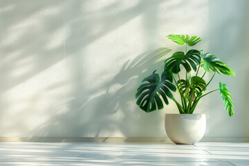 Wall Mural - Minimalistic light background with blurred Monstera Deliciosa plant pot shadow on a light wall