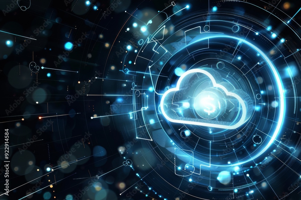 Futuristic cloud icon with glowing blue lights on a dark digital ...